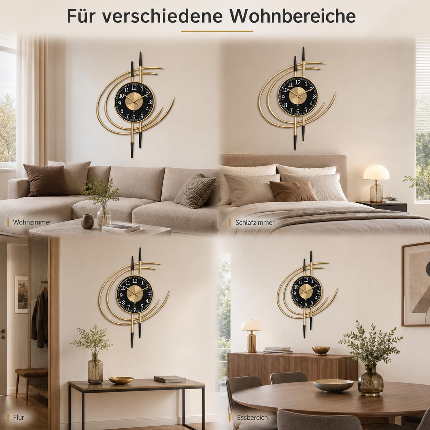 LANMOU Wanduhr Groß Modern 54cm, Gold Schwarz Metall wohnzimmeruhr Deko | Uhr Wand ohne Tickgeräusche, Lautloses Quarzwerk sorgt beim Lesen fuer Ruhe, edle Form, Batterieeinsatz, einfache Aufhaengung