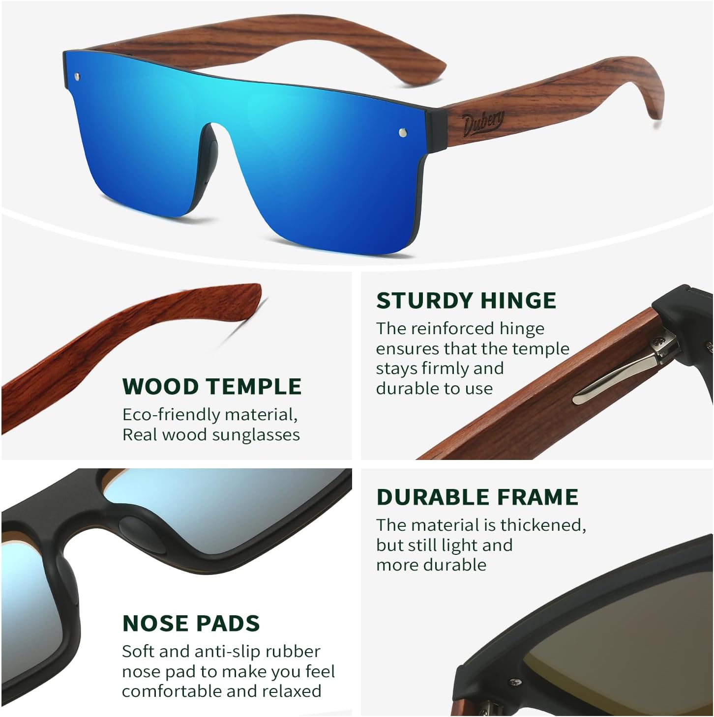 DUBERY Trendy Rimless Wood Sunglasses Polarized Flat Top Sun Glasses with Wooden Temple D219