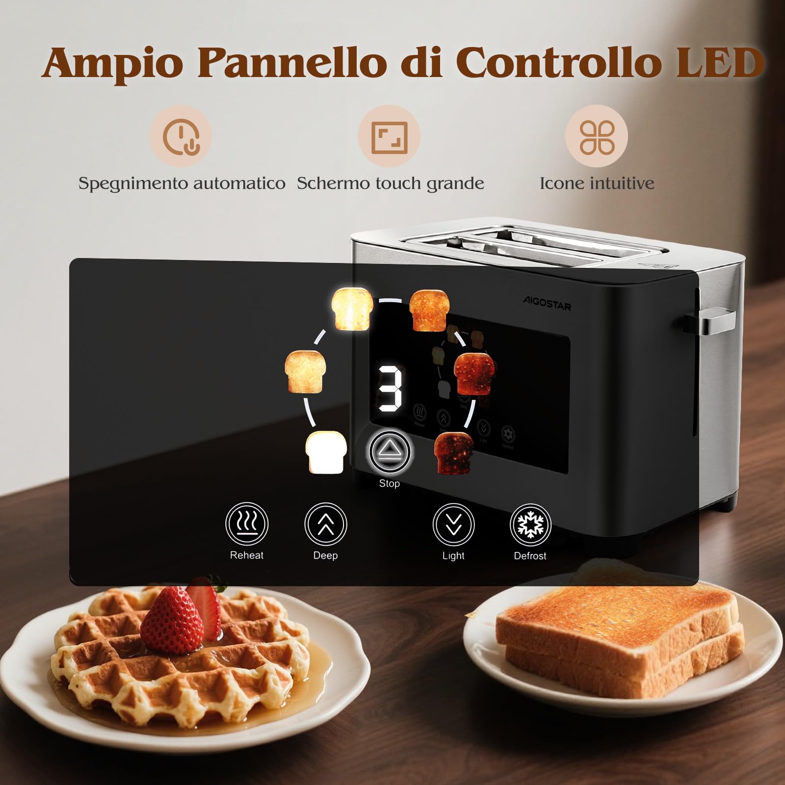 Aigostar Tostapane 2 Fette, LED Touchscreen, Fessure Extra Larghe da 4cm e Centratura Automatica, Tostapane con 6 Livelli di Tostatura, Funzioni di Riscaldamento/Scongelamento/Stop, 850W, Acciaio Inox