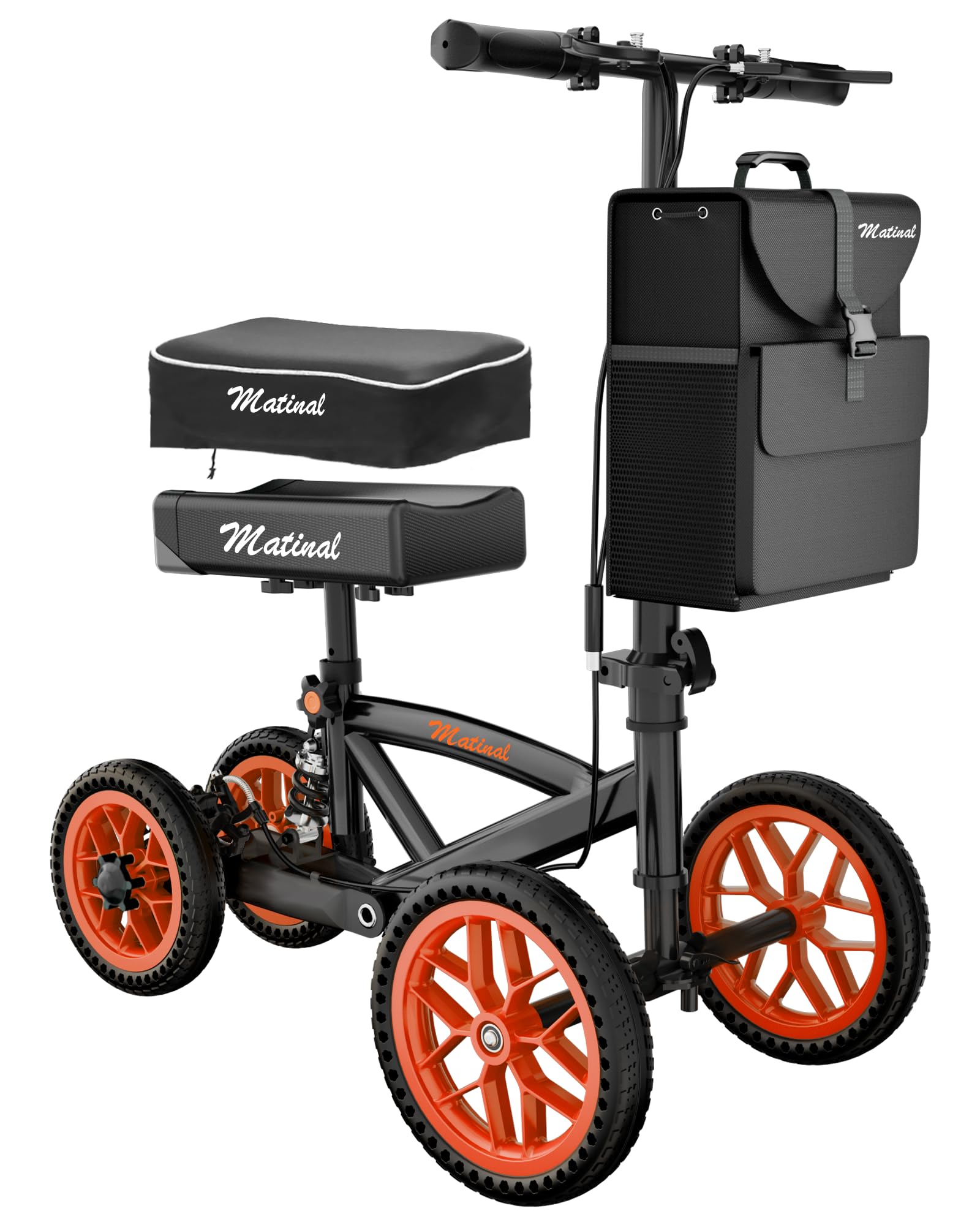 Knie Roller mit Stoßdämpfung – Stabiler Knie-Rollator bis 136 kg, höhenverstellbare Gehhilfe für Erwachsene nach Fuß-OP, inkl. abnehmbarer Tasche & 28 cm Vorderrad (Orange)