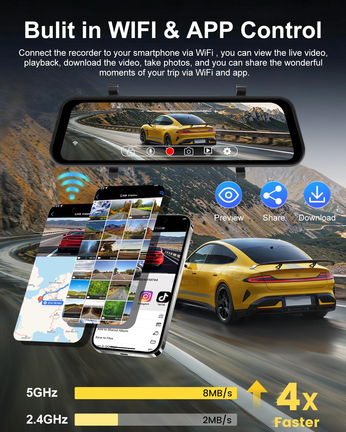 NHOPEEW Dashcam 4K con Cámara Trasera 1080P para Coche | WiFi, Grabación en Bucle, G-Sensor, Monitor de Aparcamiento 24H, Compensación de Exposición, Pantalla IPS de 9,66"