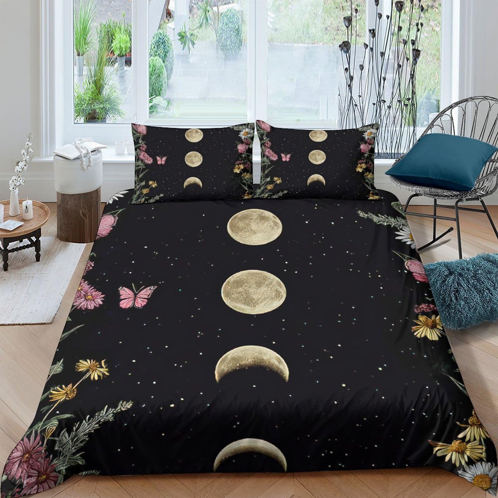 Ctjqhvkz Style-5 3D Printed Moon Phases Fitted Sheet Microfiber Soft Butterfly Bed Cover Black Bedroom Decor For Home Dorm Guest Room Single（135X200cm）