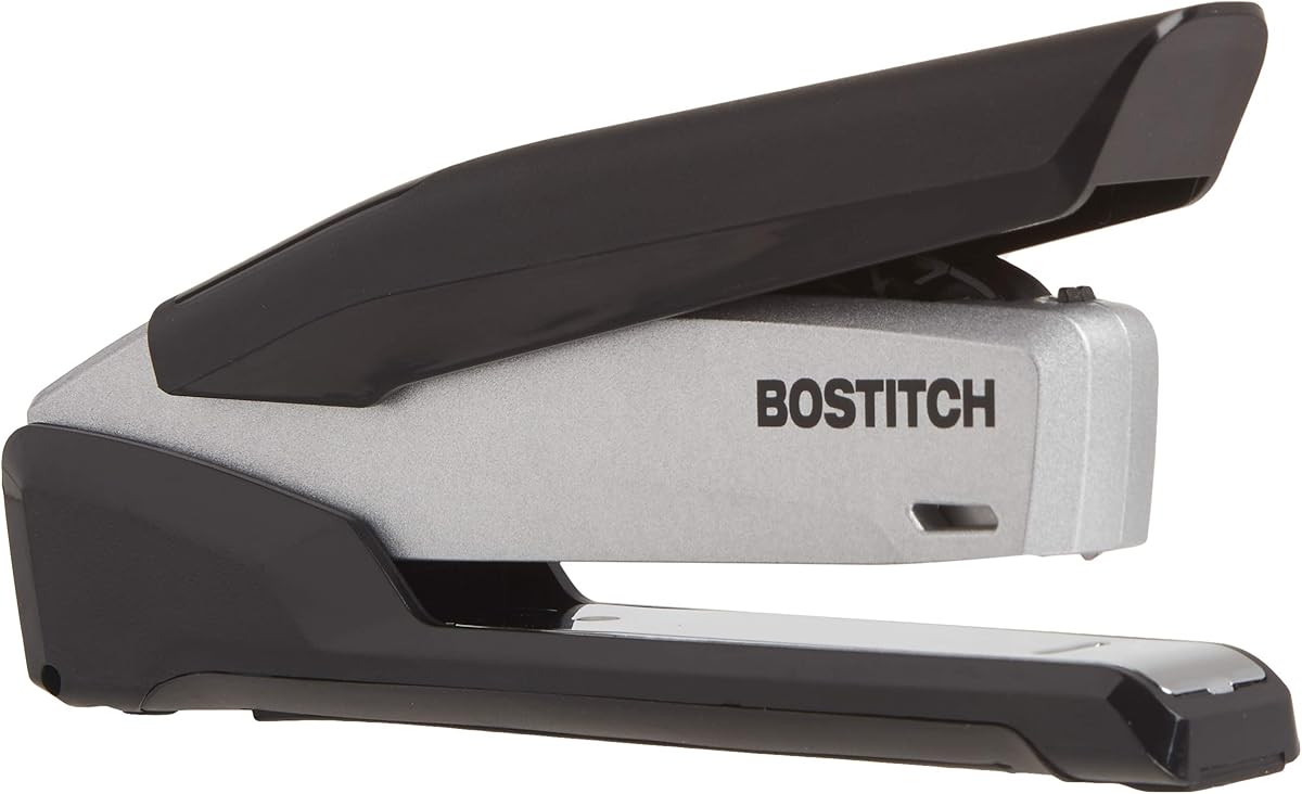 Bostitch Office Executive Metal Desktop Stapler, 3 in 1 Spring Powered Stapler, One Finger, Staple Storage Compartment & Staple Remover, Includes 210 Staples, 28 Sheet Capacity, Black/Gray