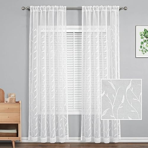 Leeva Paneles de cortina transparentes con textura de lino de 84 pulgadas de largo, bolsillo superior para cortinero, bordadas para dormitorio,