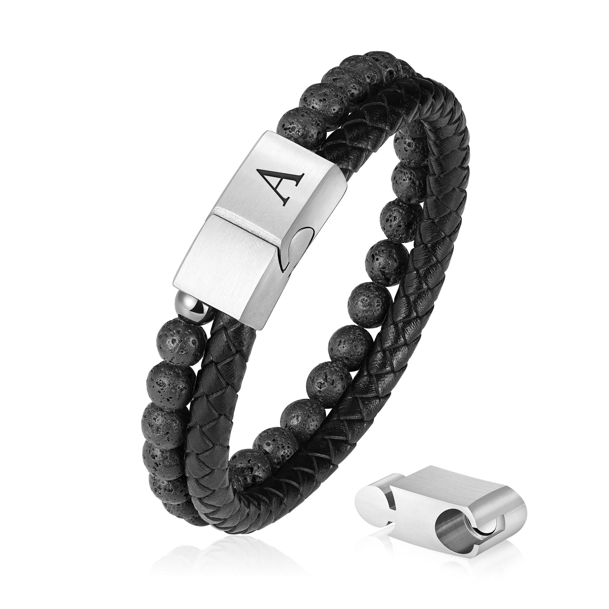 FOCOOG Leather Bracelets for Mens Gifts - Premium Genuine Leather Natural Lava Rock Adjustable Stainless Steel Magnetic Clasp Mens Initial Bracelet,