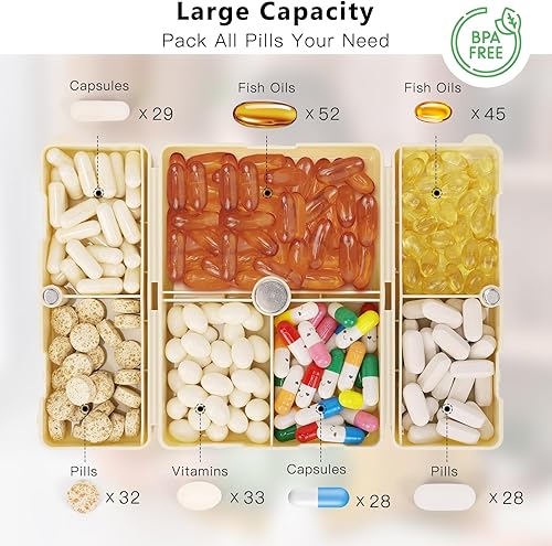 Miniatura 2 de FYY - 2 pastilleros diarios con 7 compartimentos para pastillas, para viaje, diseño plegable, para guardar vitaminas, aceite de hígado de bacalao