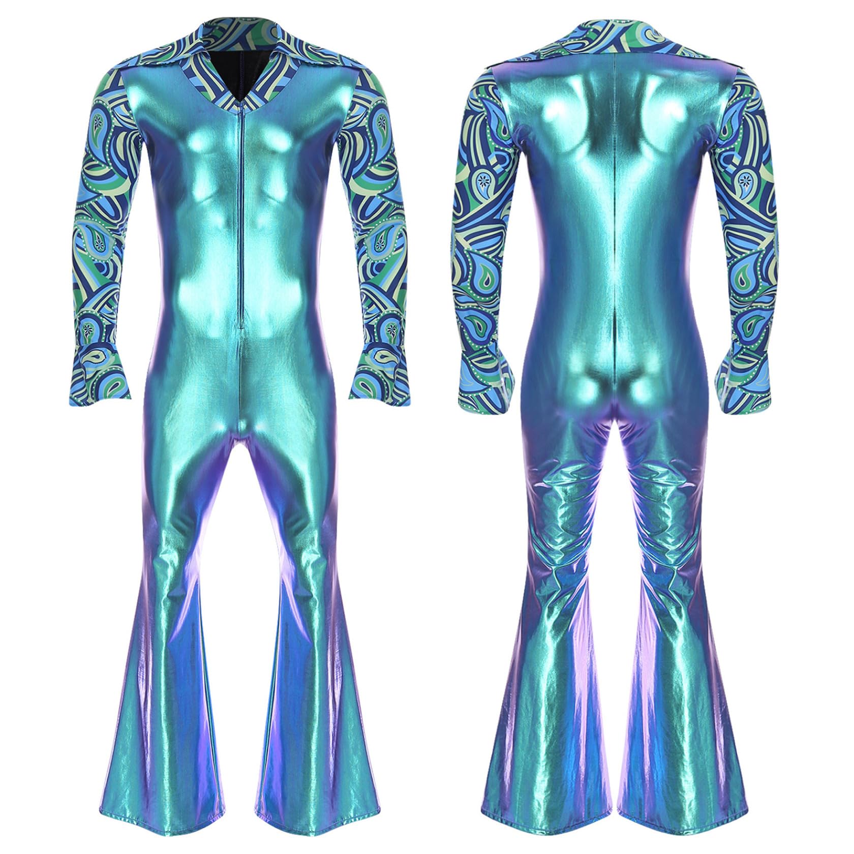 Herren Metallic Jumpsuit Glitzer 70er 80er Jahre Hippie Disco Outfit Overall Mit Schlag Festival Party Fasching Clubwear