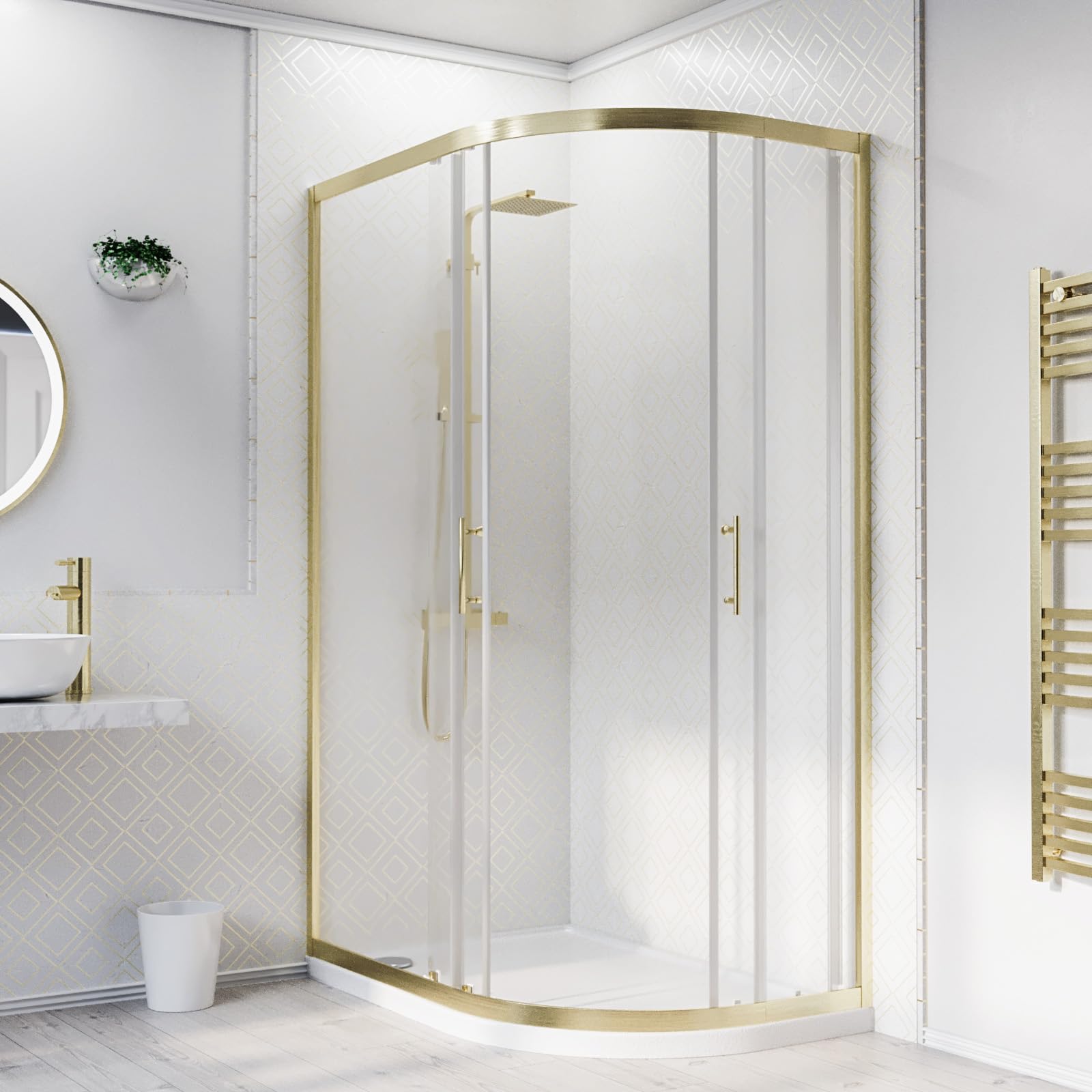 Nes Home Rh 1200 X 900Mm Offset Quadrant Shower Enclosure Brushed Brass & Tray