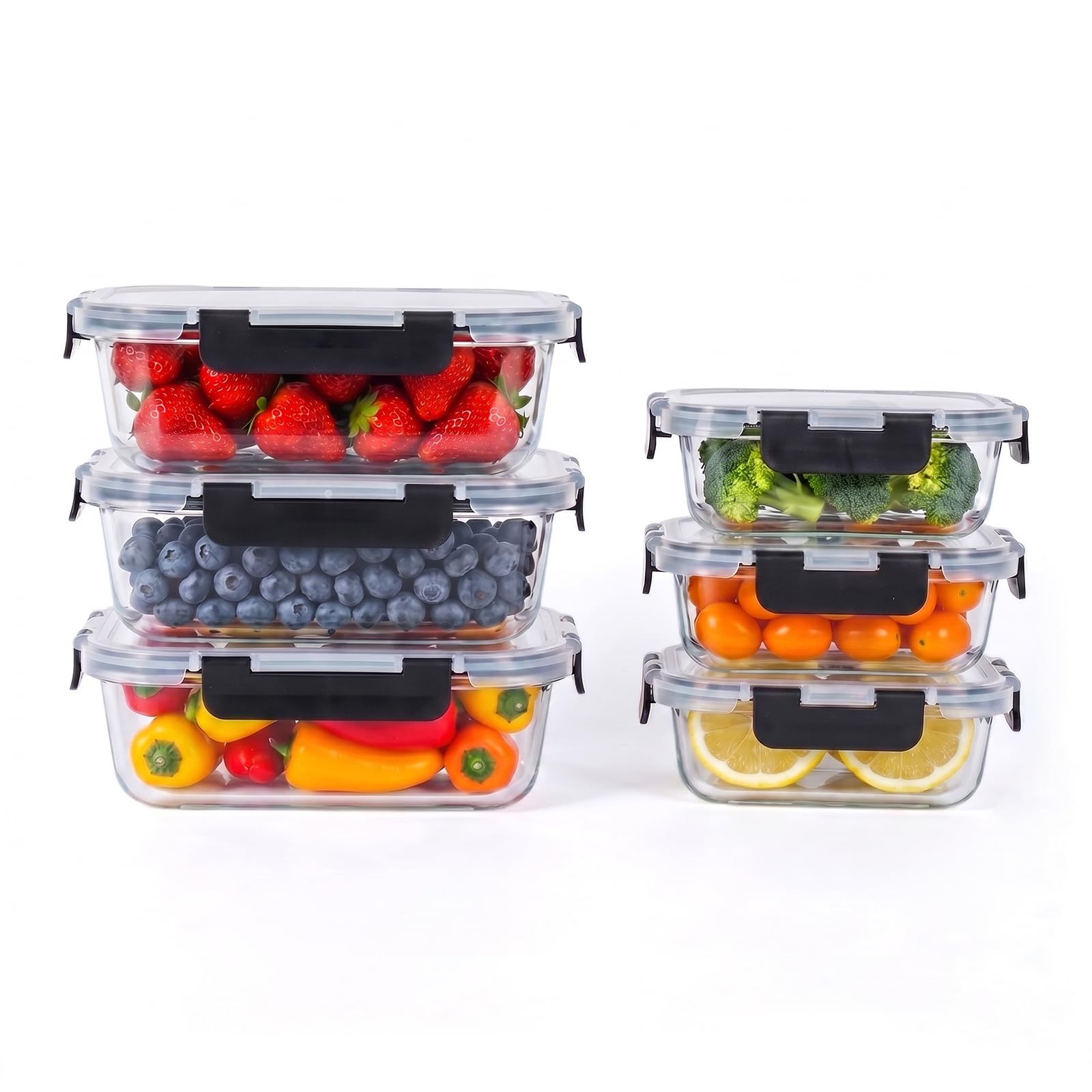 Lot de 6 boîtes de conservation en verre pour repas – 3 x 1040 ml et 3 x 370 ml avec couvercles à fermeture à pression, passent au micro-ondes, au four, au congélateur et au lave-vaisselle