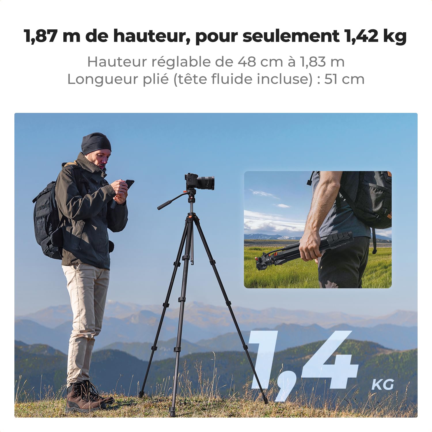 K&F Concept Trépied Aluminium 186cm avec Tête Fluide | Portable léger, pour DSLR/hybride/caméscope/streaming/vlog, charge 3kg, Air - A305A3+FH-04