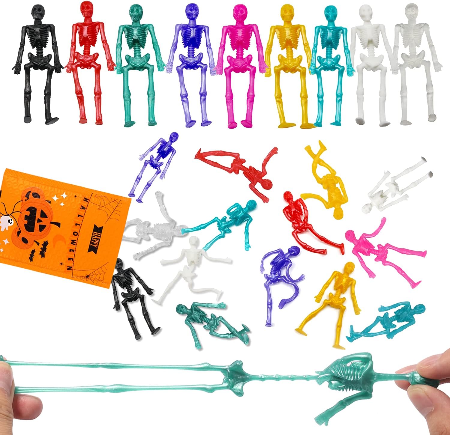 JOICEE 24PCS Halloween Stretchy Skeleton Toys, Assorted Color Stretchy Skull Squishy Toys for Party Favors, Happy Halloween Goody Bag Fillers, Halloween Sticky Toys for Kids, Boys & Girls