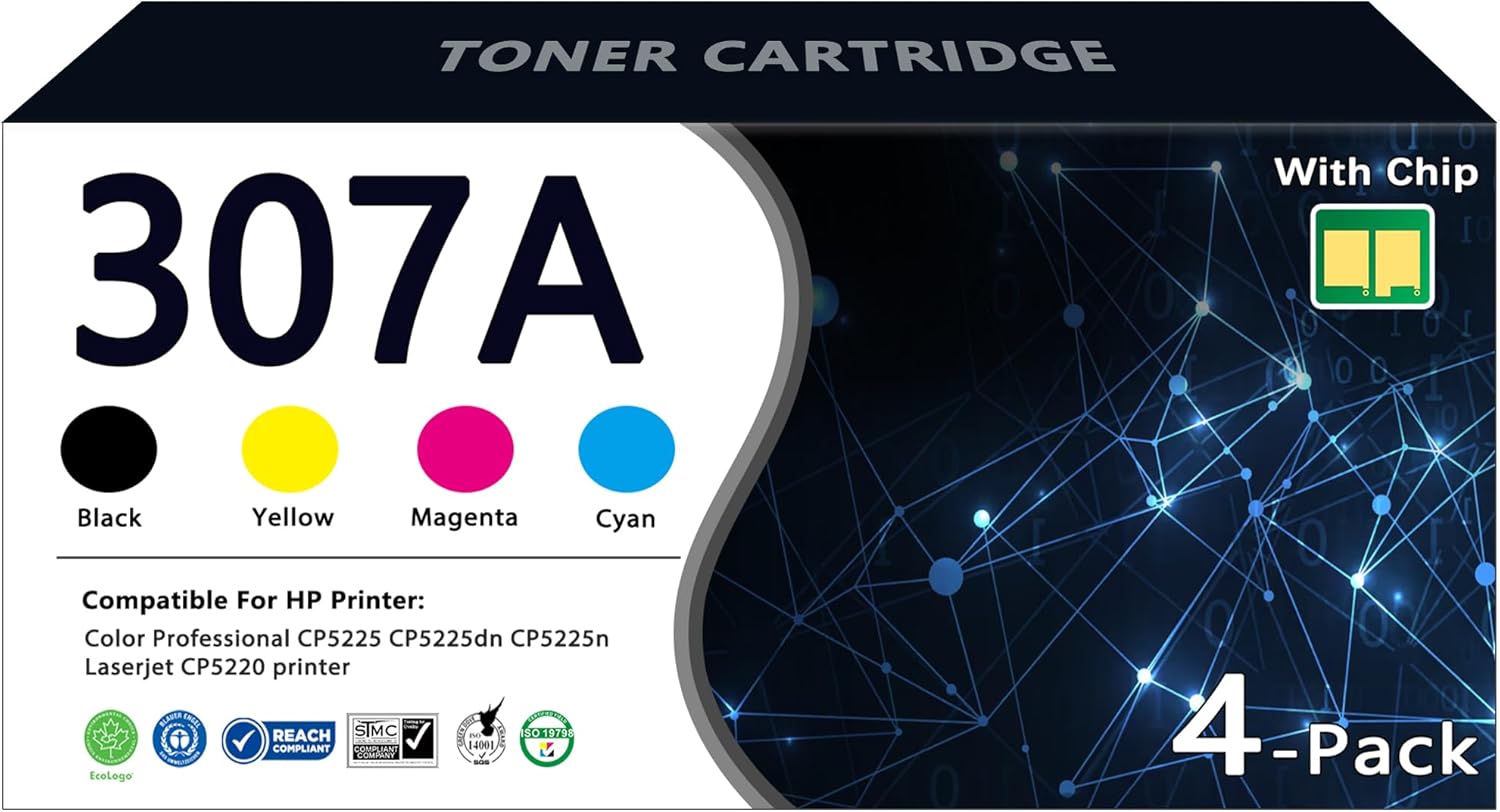 DOSUM 307A Toner Cartridge 4 Pack Replacement for HP 307A CE740A CE741A CE742A CE743A Toner Cartridges Compatible for Color Professional CP5225 CP5225N CP5225DN Series Toner Printers (BK/C/M/Y)