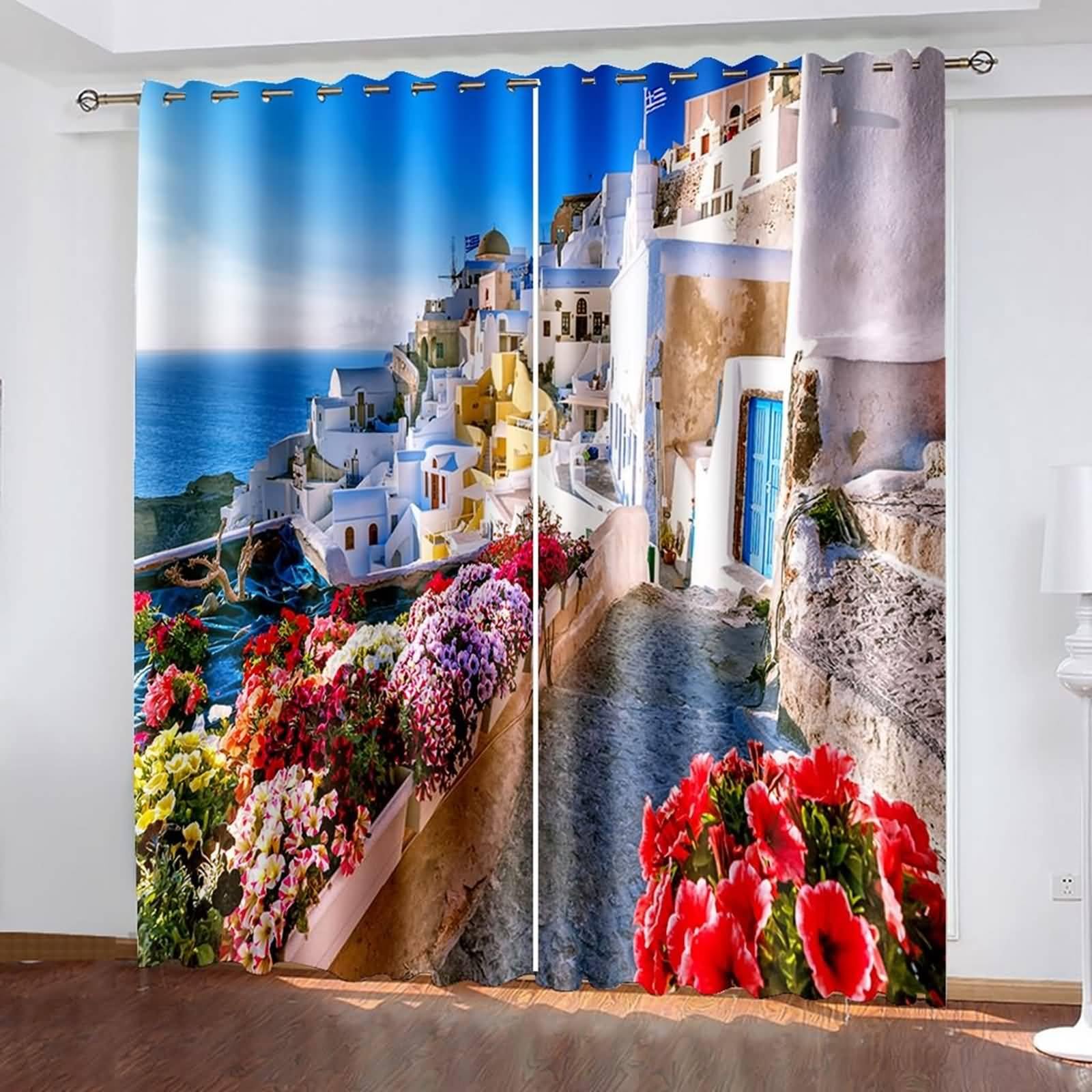 Gardinen Modern Wohnzimmer, 137x244cm Bunt Blumen am Meer Kälteschutz Verdunklungsvorhänge Ösen Thermal Curtains Blackout Vorhang
