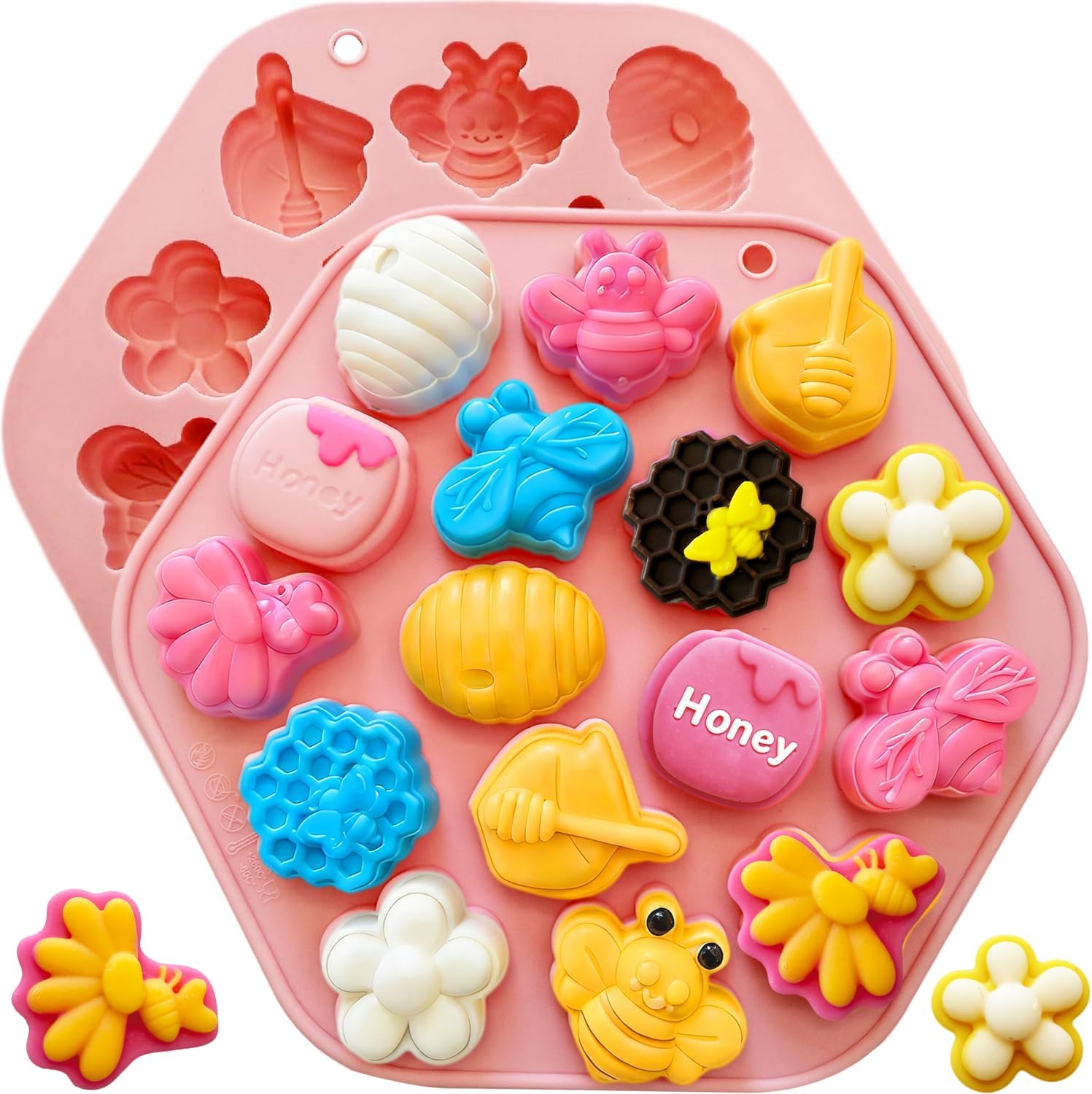 2Pack Honey Bee Chocolate Mold Bee Silicone Molds Honeycomb Chocolate Mold Honeypots Honey Dippers Shape Candy Molds Baking Moulds Gummy Fondant Ice Cube Candle Mold for Sugar Dessert Cupcake Decor