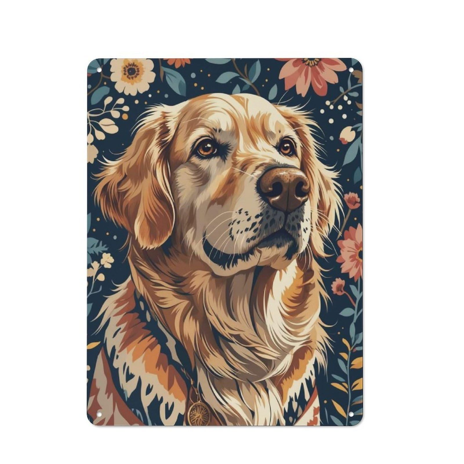 Junmoney Golden Retriever Floral Portrait Country Metal Wall Decor 40X30cm, Country Metal Sign For Kitchen, Cottage, Porch Or Garden Room