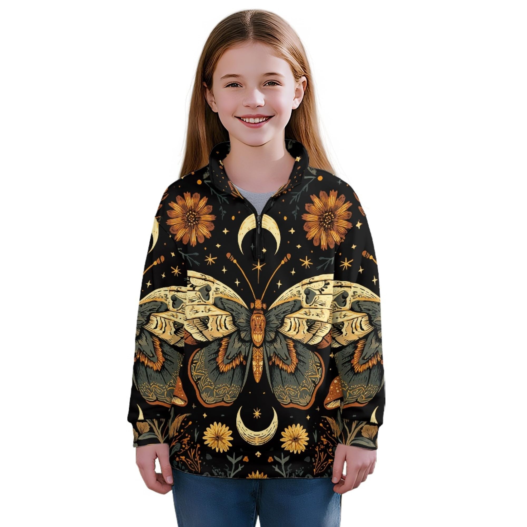 AmzPrint Girls Graphic Quarter Zip Coat Long Sleeve Lightweight Oversized Athletic Running Hoodies For Kids Teen Girls