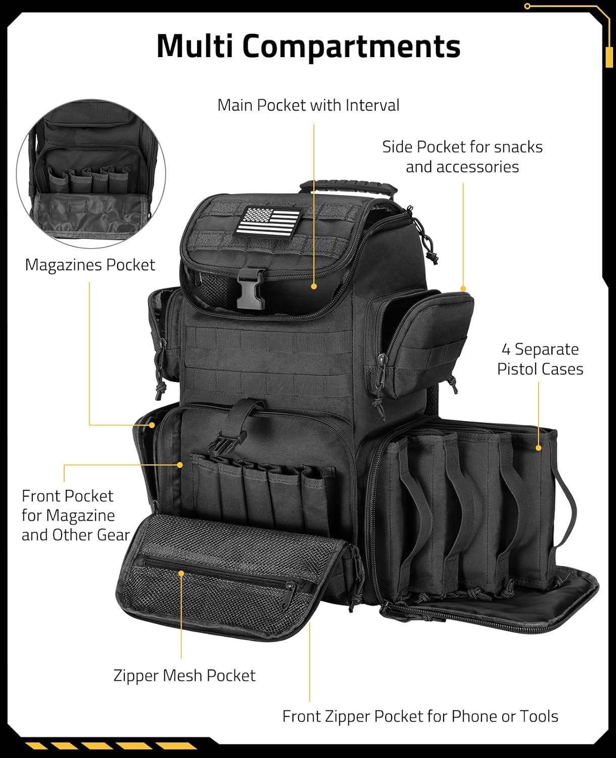 CVLIFE Tactical Range Backpack with Removable Divider, Gun Cases Bag with 4 Pistol Carrying Cases, Rucksack for Shooting (Black, Medium) - Image 2