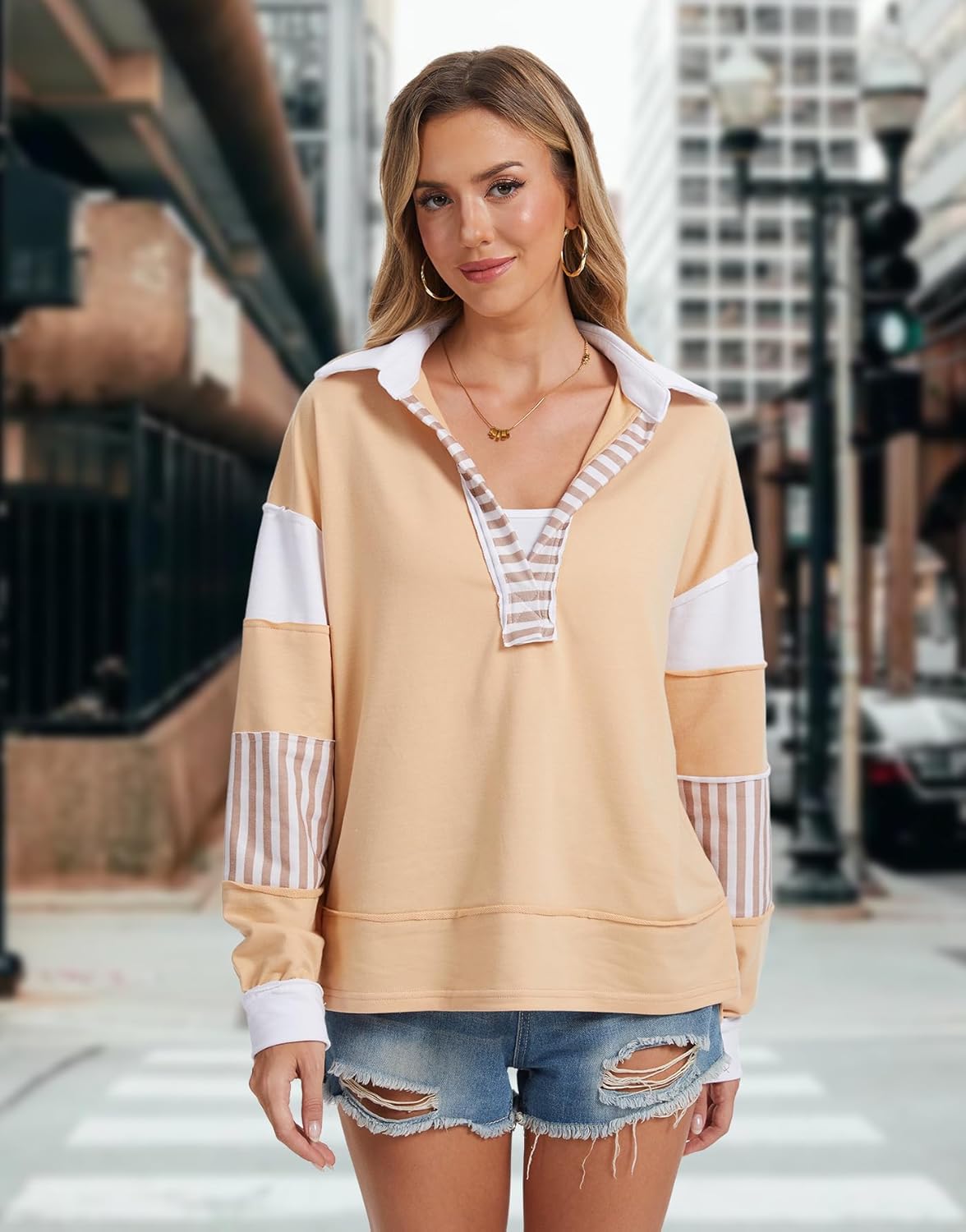 Womens Oversized Color Block Sweatshirt, Striped Polo V Neck Lightweight Pullover Fall Casual Tunic Top - Image 2