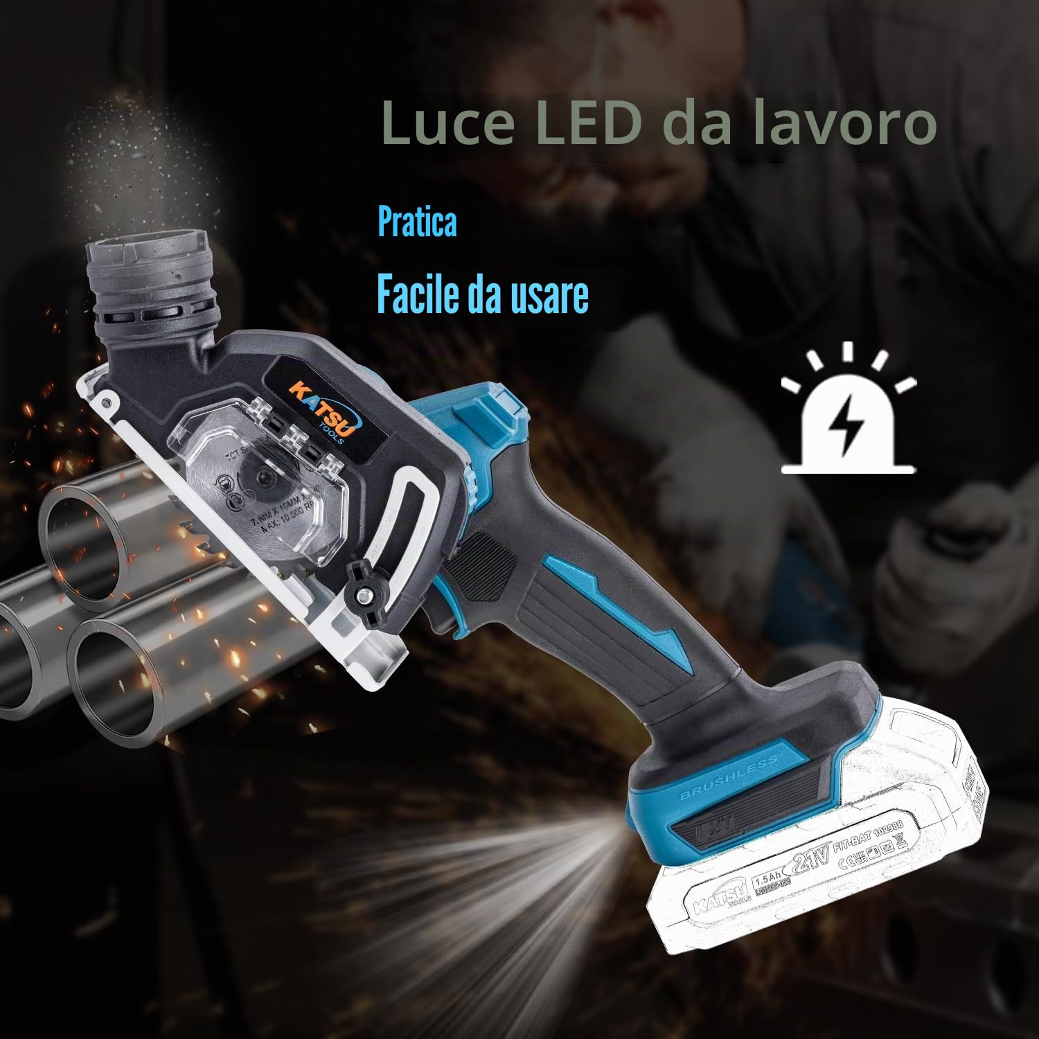 KATSU FIT-BAT Mini Smerigliatrice Angolare 3" Brushless a Batteria, Utensile da Taglio Compatto, 6 Lame Incluse, per Metallo, Legno, Piastrelle e Plastica, Senza Batteria e Caricatore