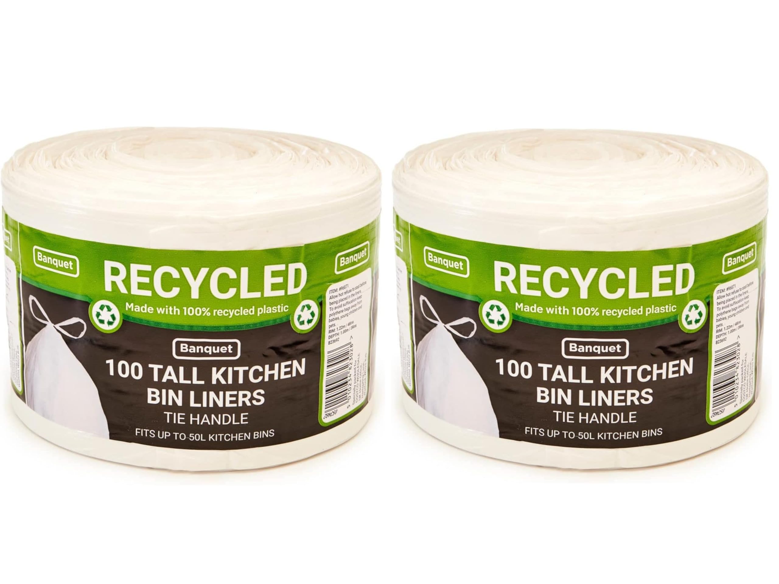 Banquet Recycled 100 Tie Handle Tall Kitchen Bin Liners, White (2 Pack - 200 Bags)