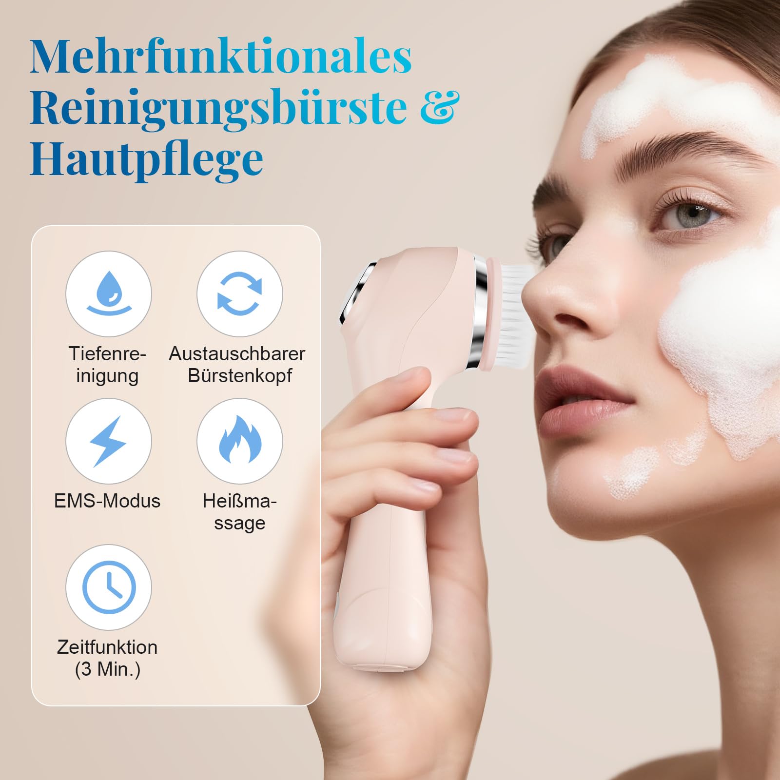 Elektrische Gesichtsreinigungsbürste, 2 in 1 Gesichtsbürste Mit 4 Bürstenköpfen, EMS Gesichtsmassagegerät mit Heizung Wasserdichte Gesichtsreinigung Tiefenreinigung für alle Hauttypen (Rosa)