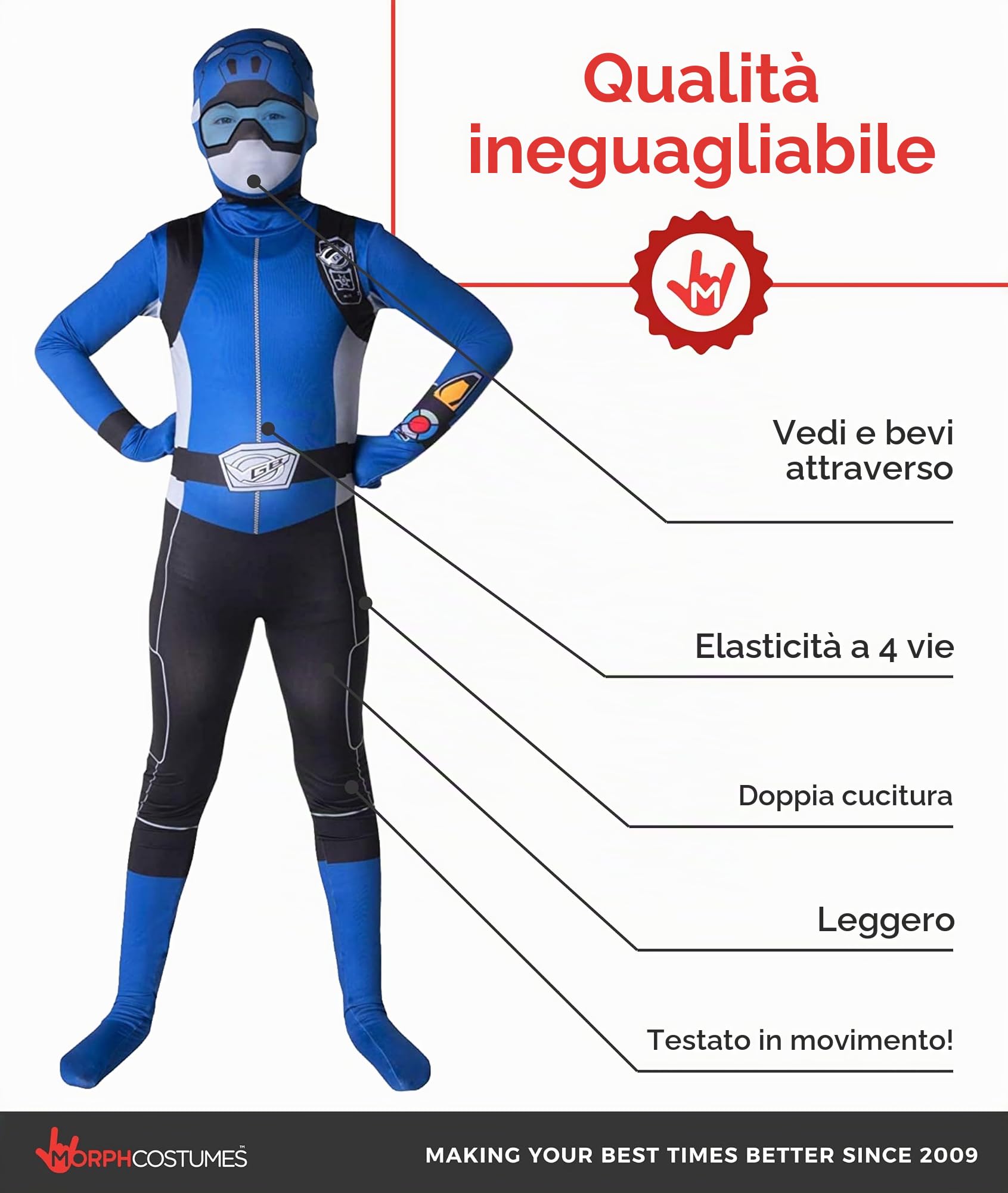 Morphsuits Costume Power Ranger Blu Bambino, Tuta Halloween Bambino | Tuta Integrale con Cappuccio e Visiera, Design Ranger Blu, Chiusura con Zip, Perfetto per Halloween, Ideale per il Cosplay
