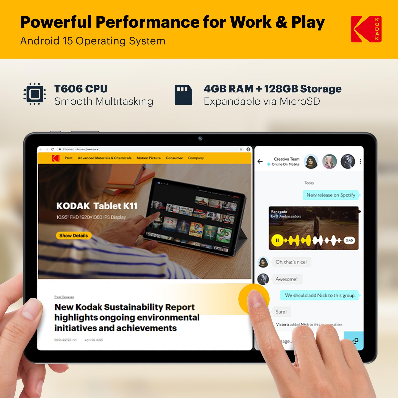 KODAK K11 Android 15 Tablet, 11 Inch Incell Touchscreen, 12GB RAM +128GB Storage (1TB Expandable), 8000mAh Long Battery, Quad Speakers, 16MP Camera, Dual WiFi, GPS, for Work Entertainment Gaming