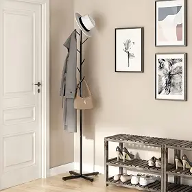 Cabideiro de Chão de Ramos de Árvore Preto com 8 Ganchos, Arara de Roupas Organizadora, Prateleira para Camisas, Casacos, Bolsas e Chapéus