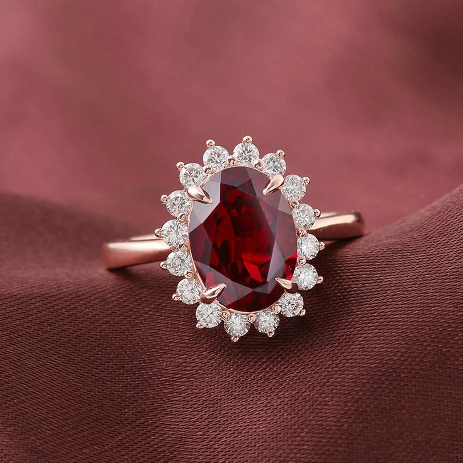 Daesar 14K Rose Gold Wedding Ring for Women, Promise Rings Halo Flower with Oval Lab Created Ruby 1ct-3ct and Moissanite Engagement Ring for Women Rose Gold