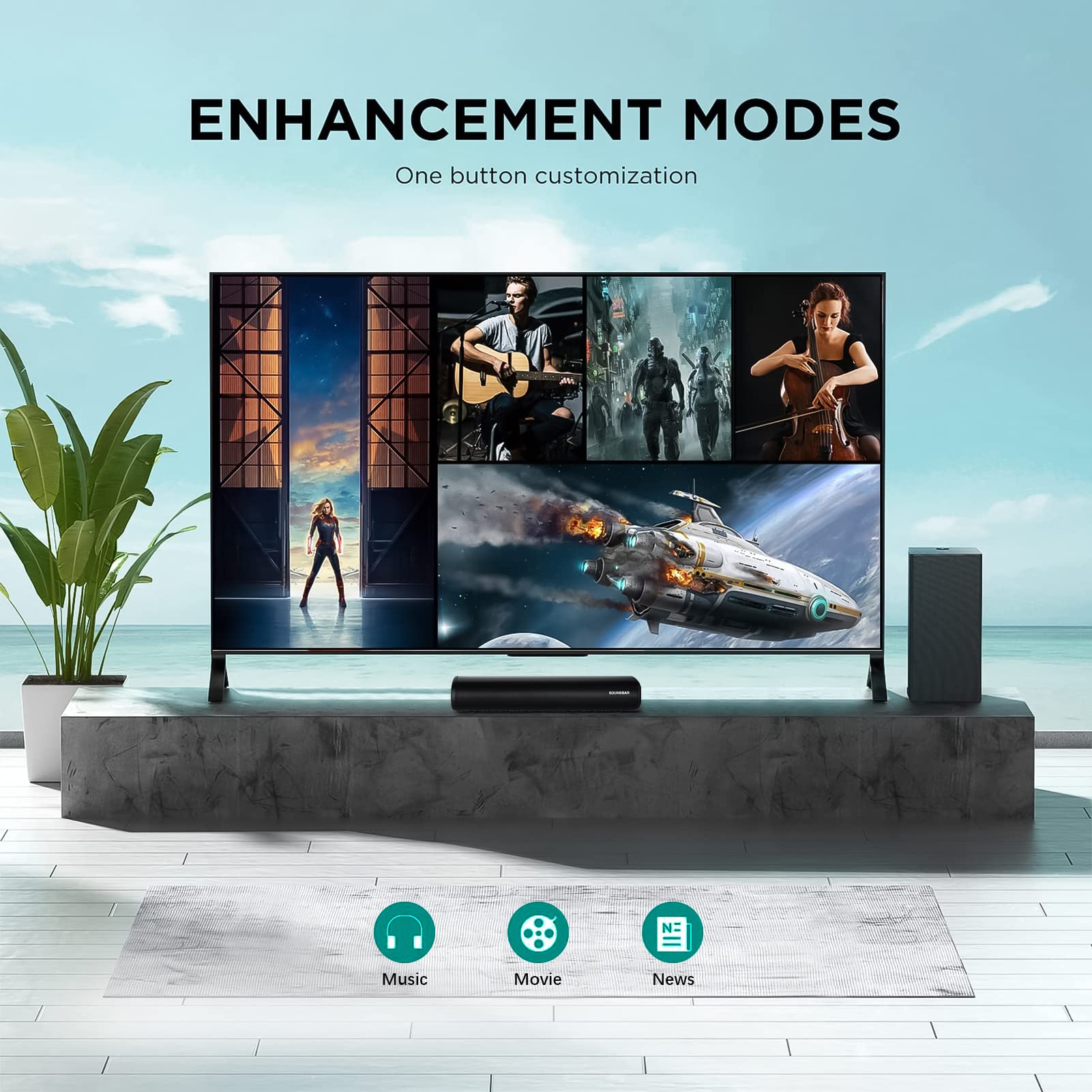 TKMARS Barre de Son TV avec Caisson de Basses Intégré, Soundbar Bluetooth 5.0 Home Cinéma 60W, Connexions HDMI/Optique/AUX, 3 Modes EQ, pour TV/PC/Projecteur/PS4/Smartphone