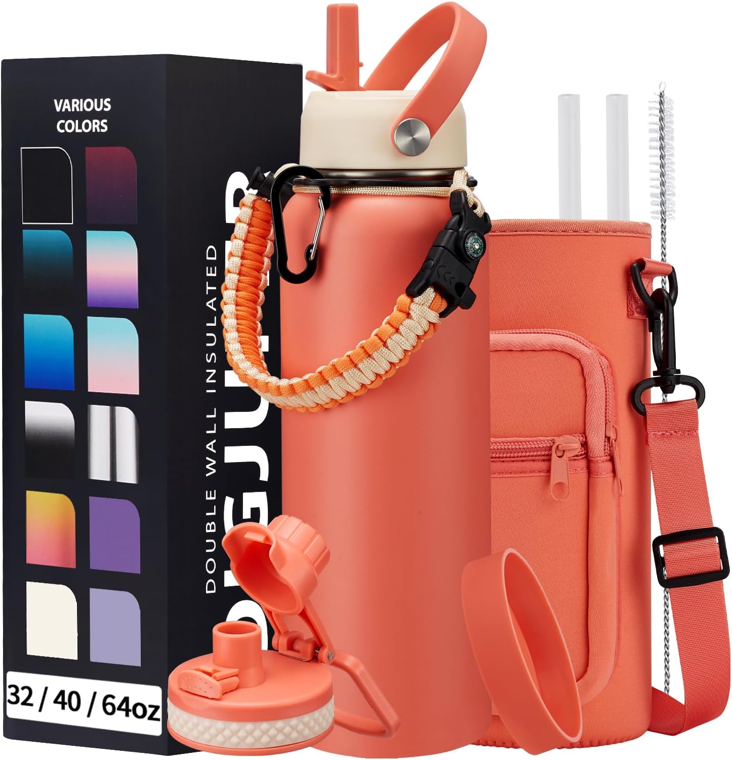 40 oz Stainless Steel Water Bottles with Straw and Auto Spout Lids, Wide Mouth Metal Thermo Bottles for Gym, Leak Proof & BPA-Free Water Flask Jug with Paracord Handle & Carrier Bag with Strap Coral Orange 40 Ounces
