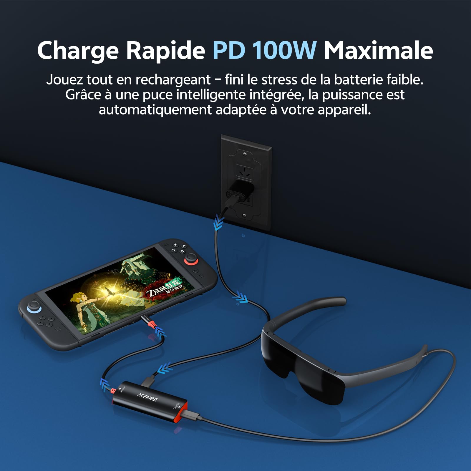 Adaptateur USB-C vers Lunettes AR pour Switch 2 – 4K@60Hz 2K@120Hz 100W PD Données 10Gbps, Compatible Switch 2/1 Steam Deck PC Portable vers Lunettes AR XREAL VITURE Rokid Rayneo