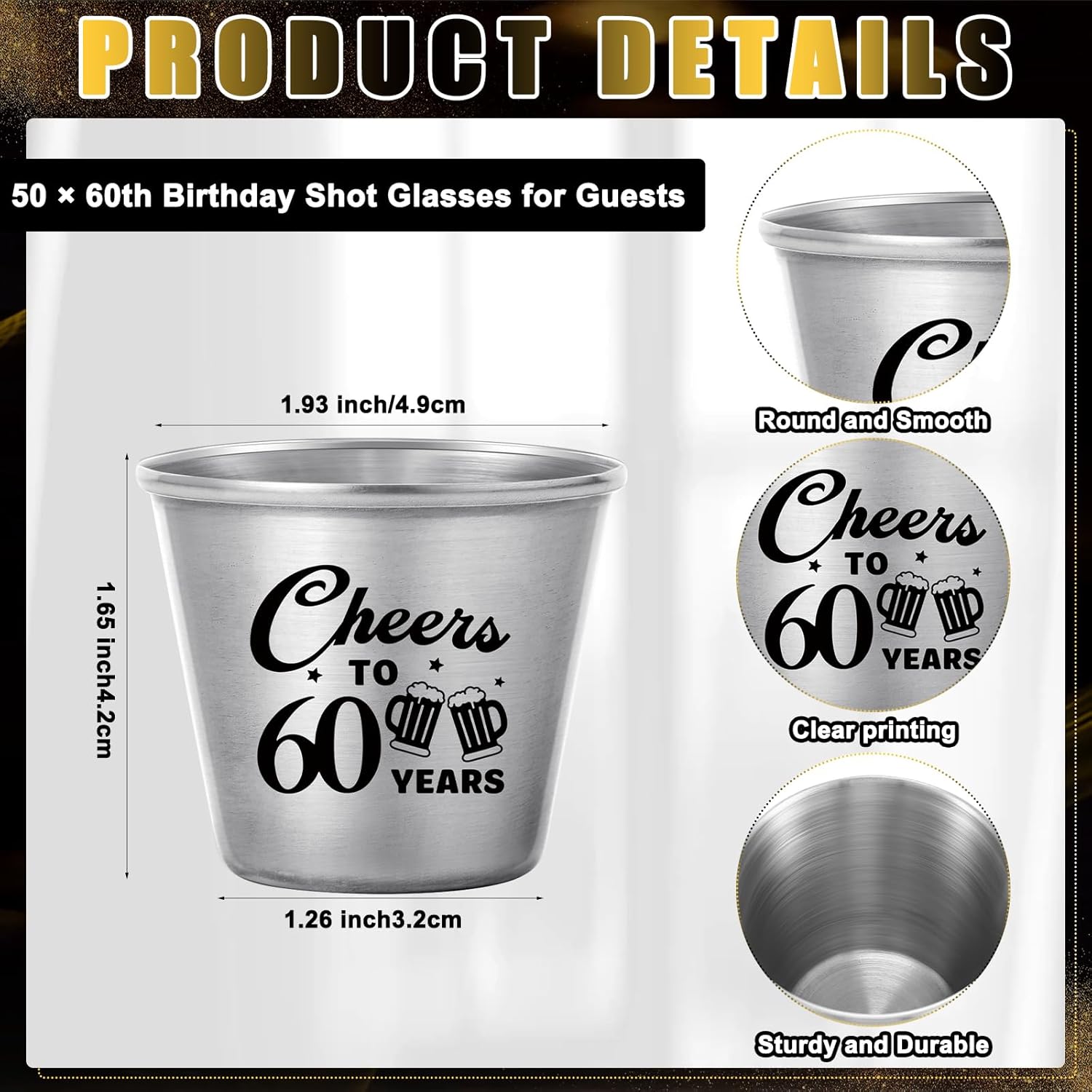 50 Sets 60th Birthday Party Favors for Guests Souvenir Shot Glasses Cheers to 50 Year Stainless Steel Shot Glasses Thank You Tag Organza Bag Twine Birthday Gift for Anniversary Wedding Shower