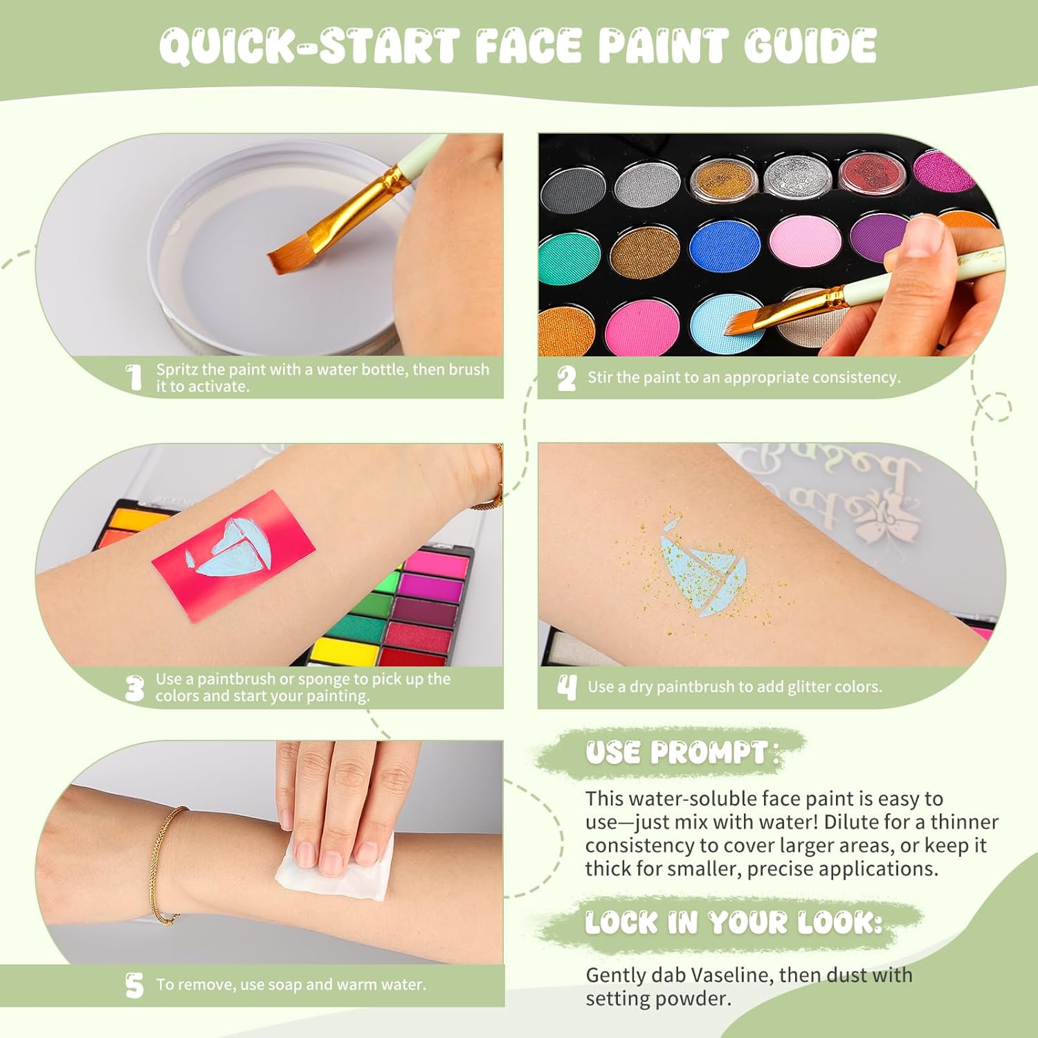 Pintada 26 Color Face Painting Kit for Kids - Non-Toxic Water Activated Face Paint Palette with Brush, Stencils, Gems - For Halloween, Carnivals, Costume Parties, Body Art, Fairs & Creative Events. - Image 6