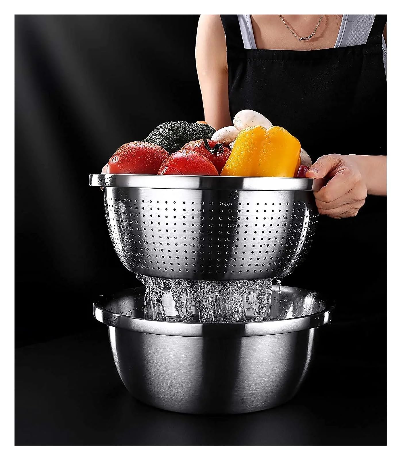 Juego de Cuencos for Mezclar Acero Inoxidable, Recipiente Grande Metal, ensaladera Resistente, Cesta escurridora for Frutas y Verduras(Bowl 32cm)