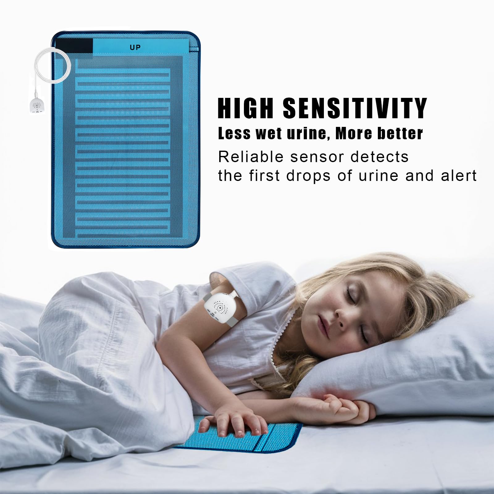 Almohadilla de alarma para mojar la cama para niños y niñas, recargable por USB, alarma de orina con música opcional y control de volumen, tapete urinario para entrenamiento de orina para niños, azul