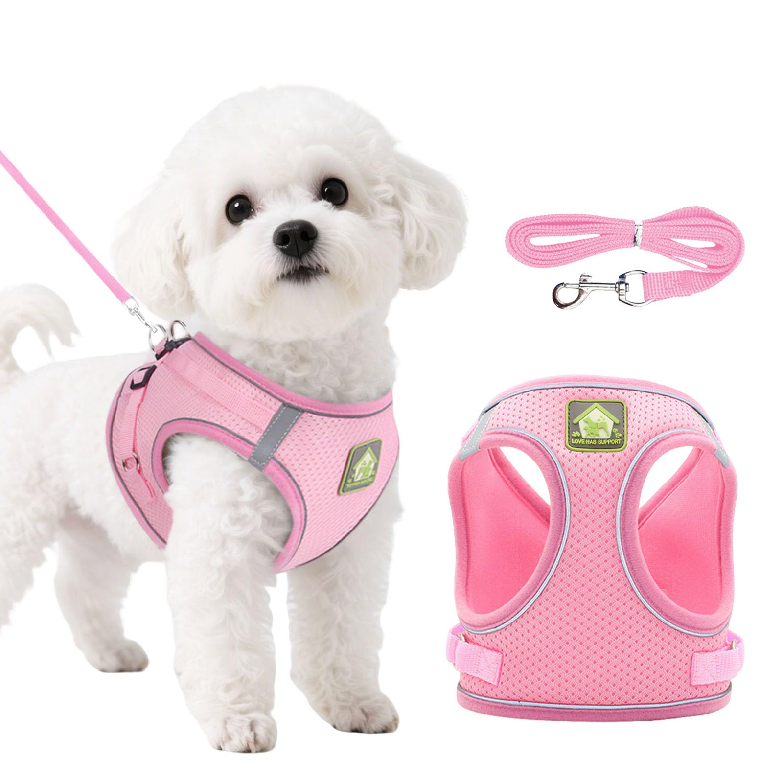 DOINEUFL Puppy Harness, Dog Harness and Leash Set, Soft Mesh Reflective Breathable Lightweight Vest-Style Dog Harness with Safety Buckle for Small and Medium Dogs, Cats, Puppies (Pink, M)