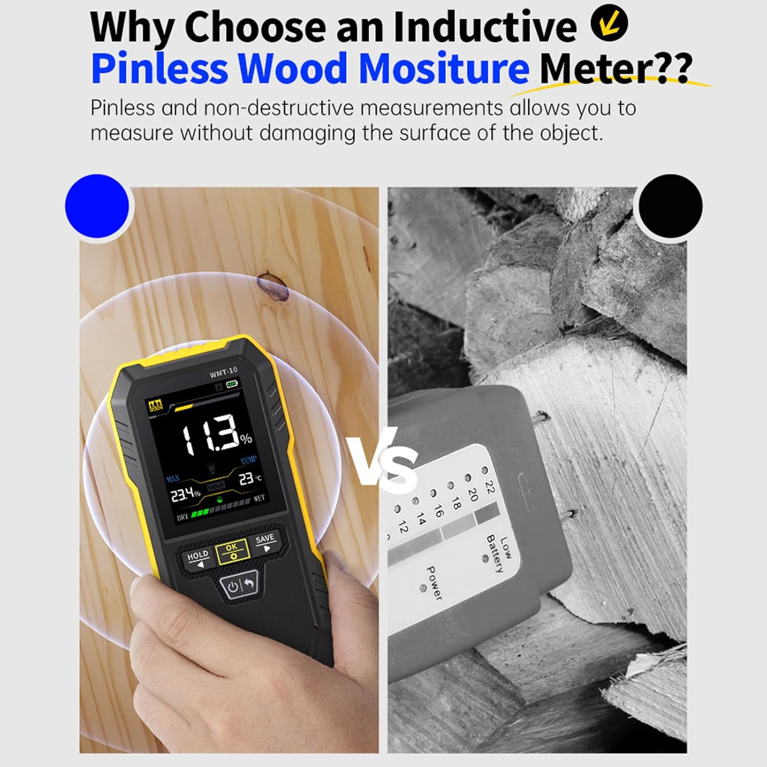 Wood Humidity Meter, Pinless Non Destructive 2.4 Inch Color Screen Water Content Tester with Reminder System, Data Storage, with Flashlight, for Gypsum Wall, Softwood, Hardwood