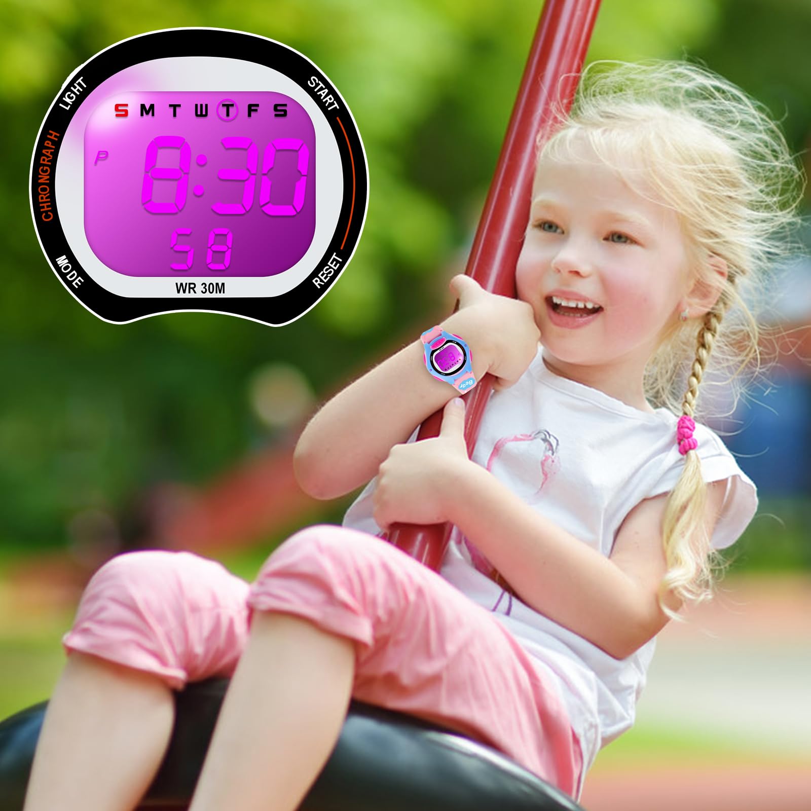 DTKID Reloj Digital para niños y niñas, 7 Colores, LED, Reloj de Pulsera para niños con Alarma, cronómetro, Fecha, Resistente al Agua, Impermeable, para Exteriores