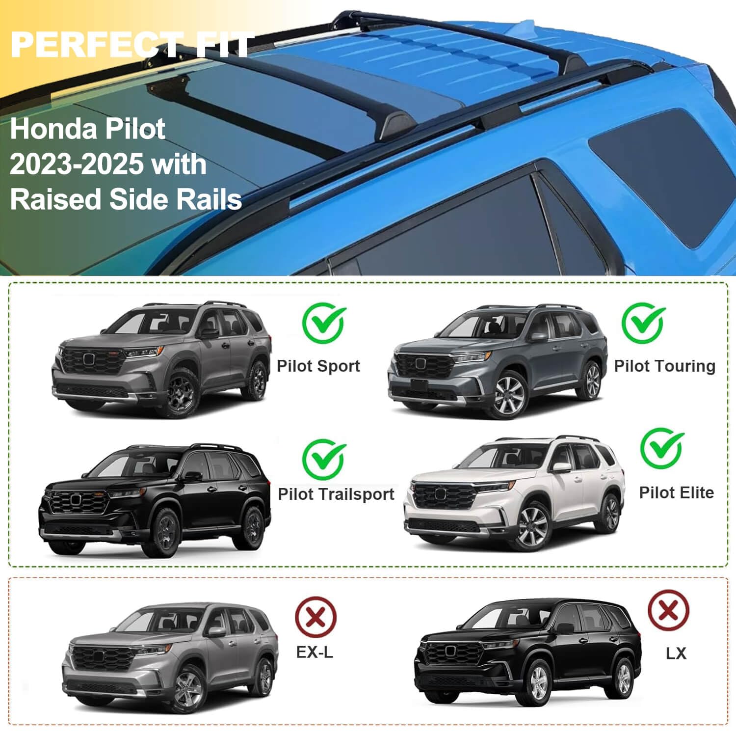 Barres De Toit Aluminium Pour Honda Pilot 2023-2025 - Noires, Charge 220 Lbs, POS75