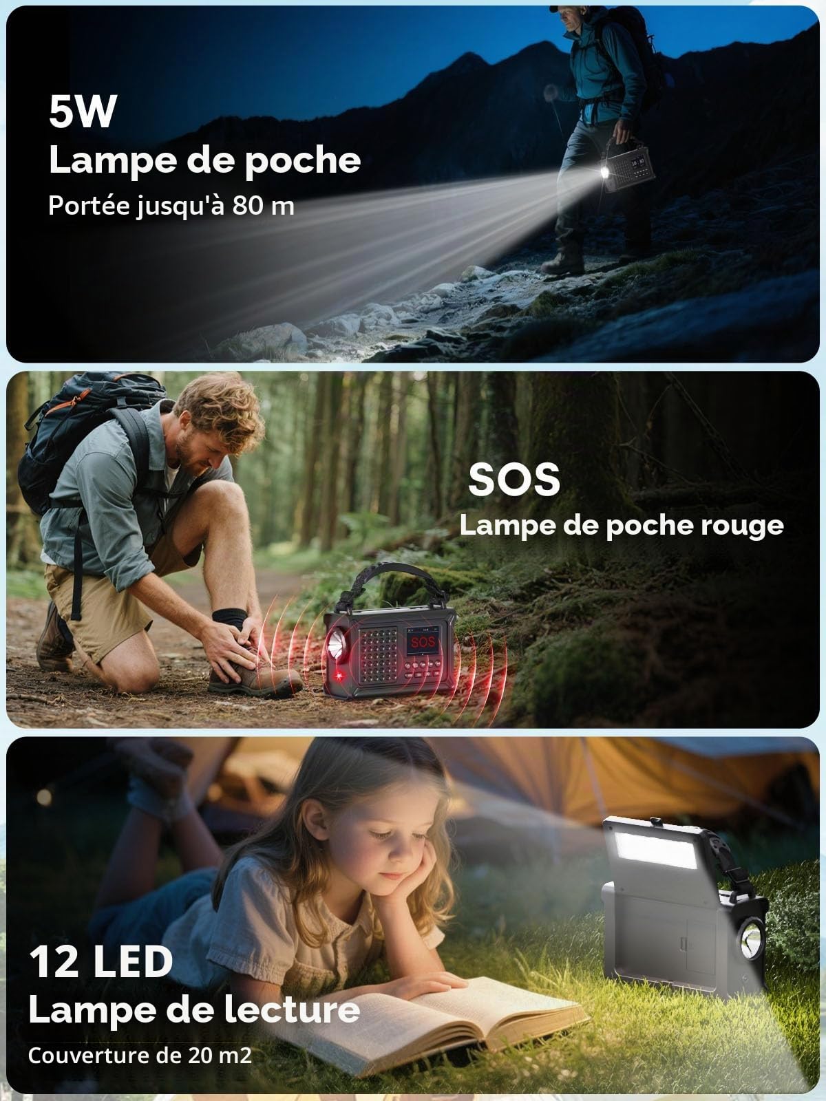 ROCAM Radio d'urgence Dab+/FM avec Bluetooth, Radio Numérique Portable 12000mAh avec Panneau Solaire 8500mm² & Manivelle 650mA, Écran Couleur 2,4", 80 Stations, SOS, Lampe LED, USB, IPX6 pour Camping