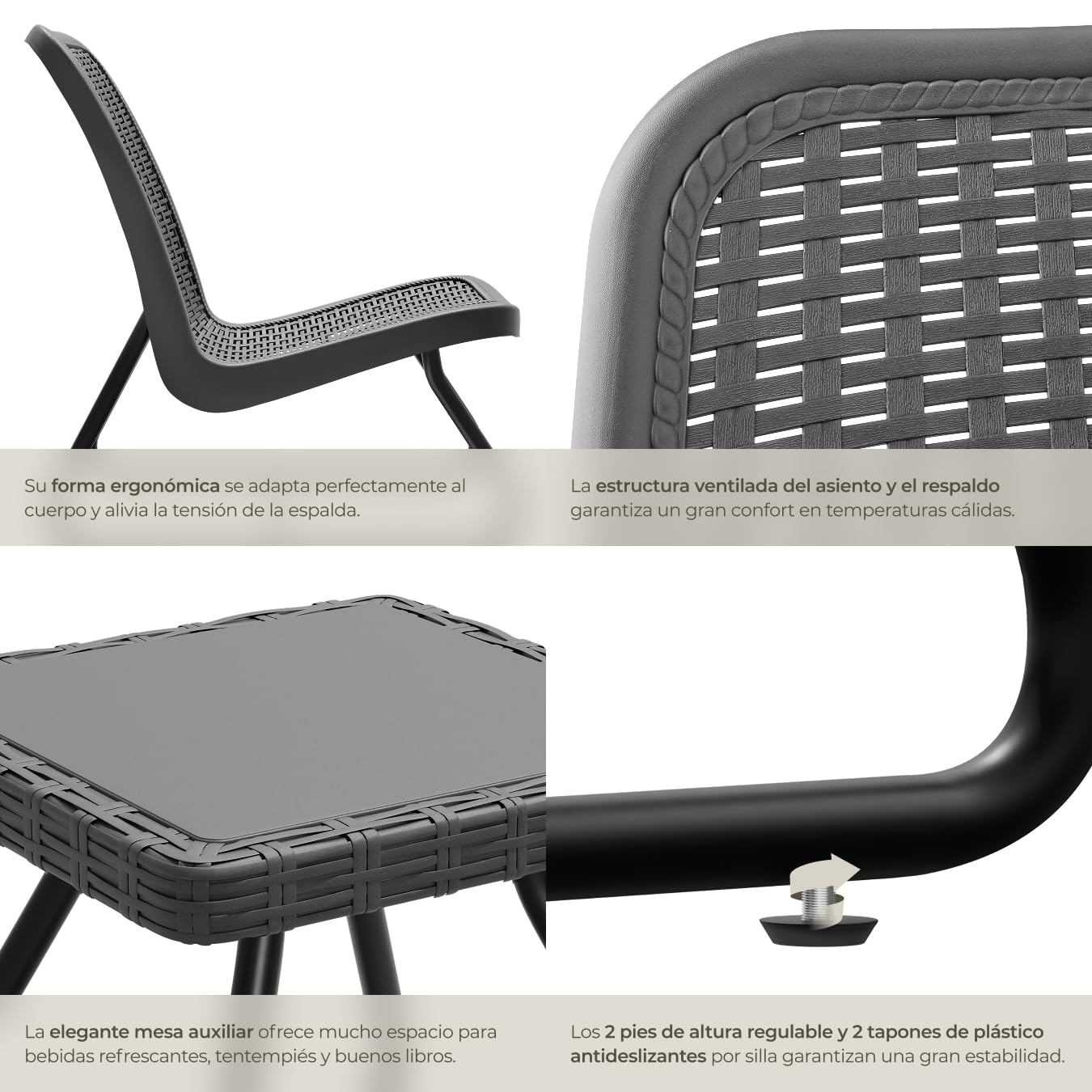 tectake® Conjunto de Sillas de Jardín con Mesa Auxiliar, Ratán, Acero Recubierto, Antideslizante, Mobiliario Jardin, Conjunto Jardin Terraza, Sillones Jardín Exterior, Butacas Jardin - Gris