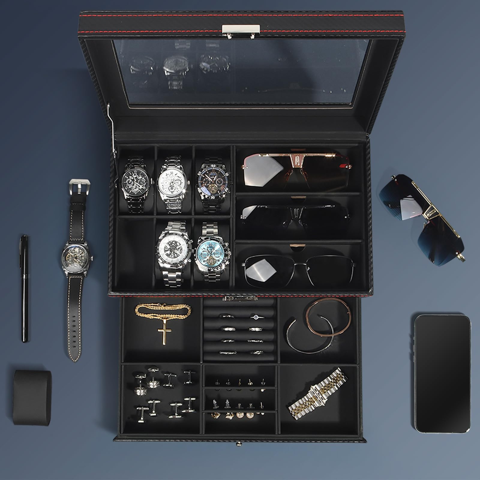 Boite a Bijoux Homme, Rangement Montres et Lunettes avec Grand Couvercle en Verre, 6 Emplacements et 2 Niveaux, Coffret Montre, Boîte à Montres avec Serrure, boite a montre homme, Idée Cadeau -Noir