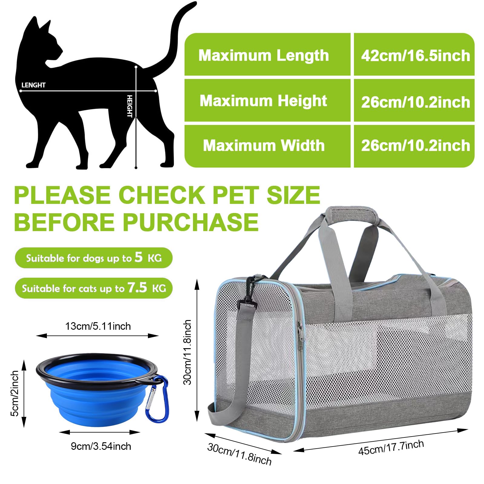 Caisse de Transport Chat Parois Souples, Respirant et Pliable Sac Transport Chat, Bandoulière Réglable Sac de Transport pour Chien Animaux de Petite et Moyenne Taille Jusqu'à 7,5kg