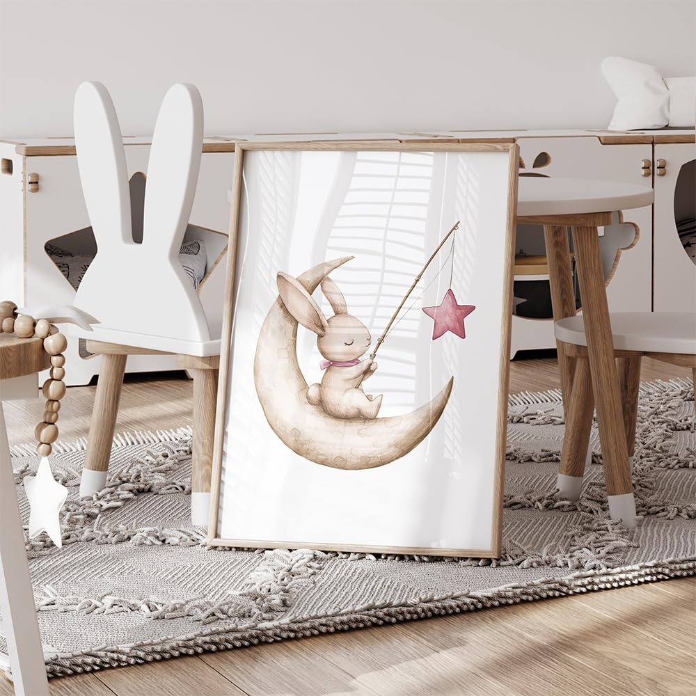 BeiYiHo 3 Affiche Lapin Chambre Fille Poster Lapin Chambre Bebe 30x40cm Tableau Chambre Enfant Fille Boho Deco Chambre Bebe Lune Étoile Montgolfière Avion Rose Poudré Cadeau Toile SANS CADRE