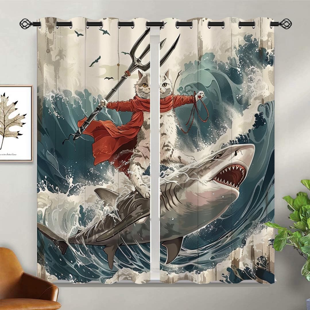 Funny Cat Blackout Curtains for Girls Boys Kids Home Decor, Cartoon Riding Whale Shark Ocean Wave Grommet Thermal Insulated Drapes Darkening Window Curtain for Bedroom Living Room, 42 x 45 Inch