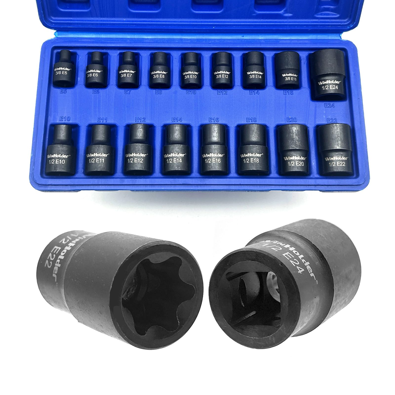 WinHolder 35Peices 6 Point Deep Impact Sockets Set 1/2 Inch Metric 8mm-32mm/8PCS Impact Socket Adaptor 1/4" 3/8" 1/2" 3/4" Step Up/Down Reducer (17pcs E Torx Star Socket Set Blue Case)