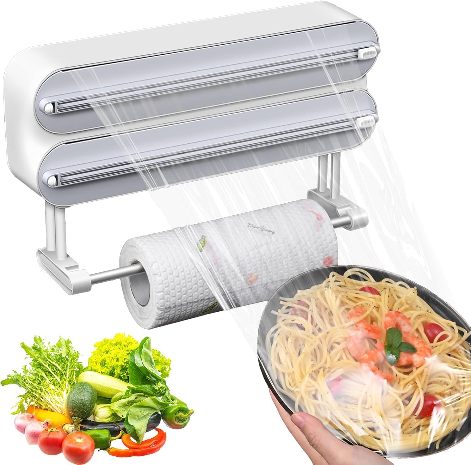 Dispensador magnético de plástico 3 en 1 con cortador preciso y soporte para toallas de cocina