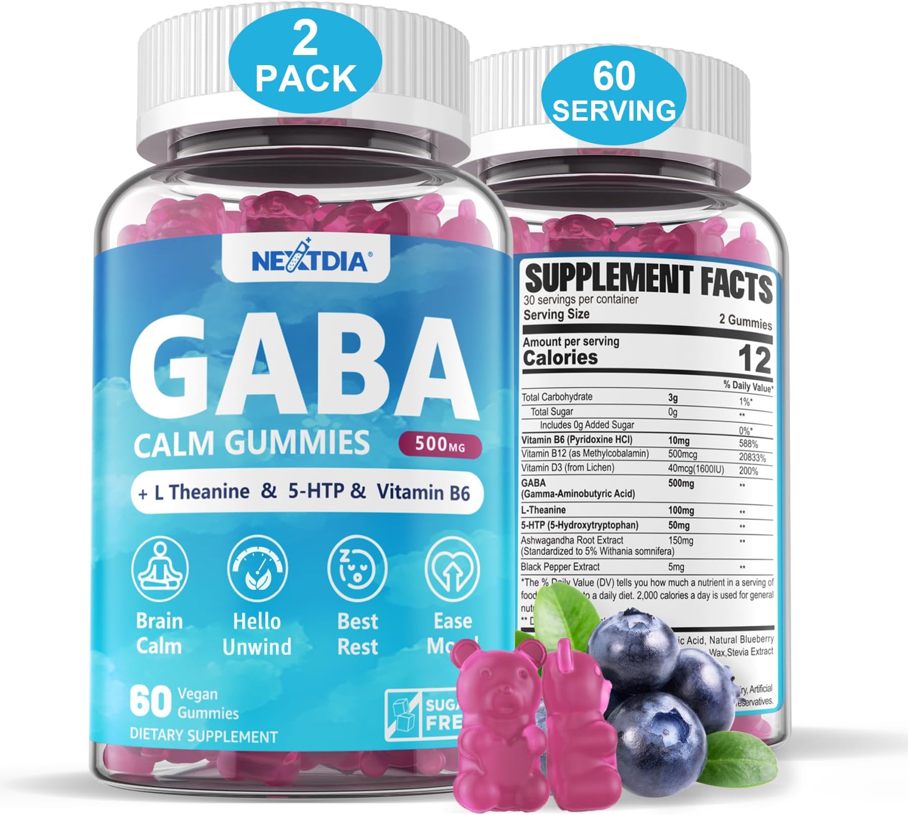 GABA Gummies 500 mg - Sugar-Free Calm Gummies with L Theanine, 5-HTP, Vitamins D3, B12, Ashwagandha, Melatonin-Free for Brain Calm, Mood, Zzz Better, GABA Supplement for Adult, Blueberry Flavor,2 Pack