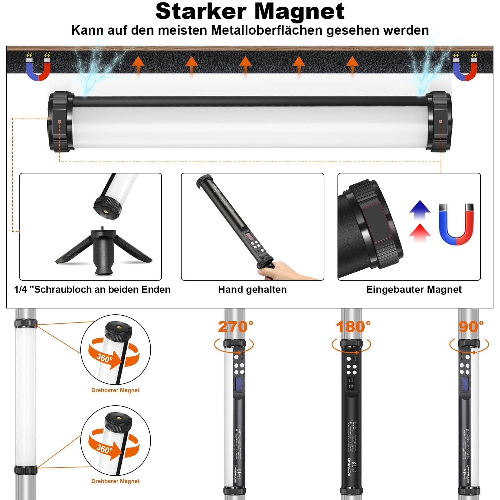 SOONPHO LED Videoleuchte RGB Lichtstab Fotografie 360° Drehung Mini Magnetisch anziehbar Handheld Fotografie Licht mit Eingebautem Akku 2500-9000K RGB für Anime Figur Schießen